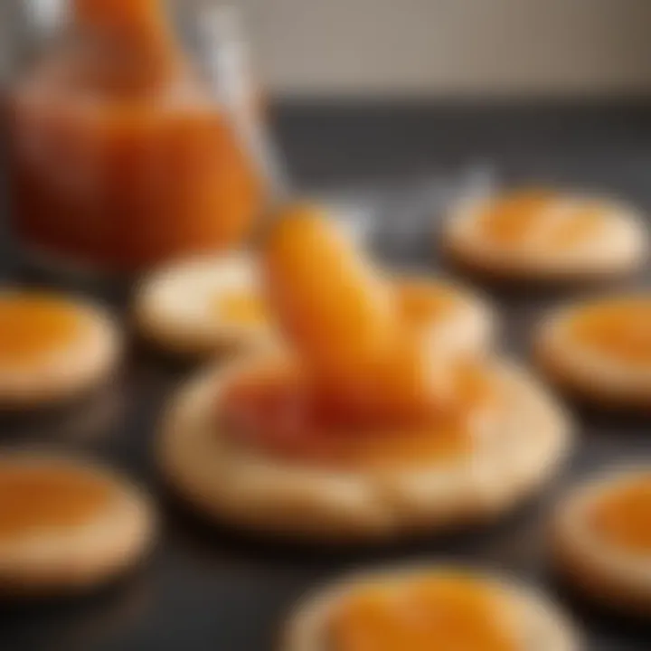 Close-up of apricot jam being spread on a cookie, highlighting the rich texture and color of the fruit preserve.