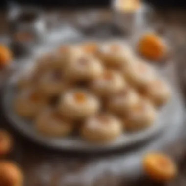 A freshly baked platter of apricot cookies, adorned with a light dusting of powdered sugar, invitingly placed on a rustic table.