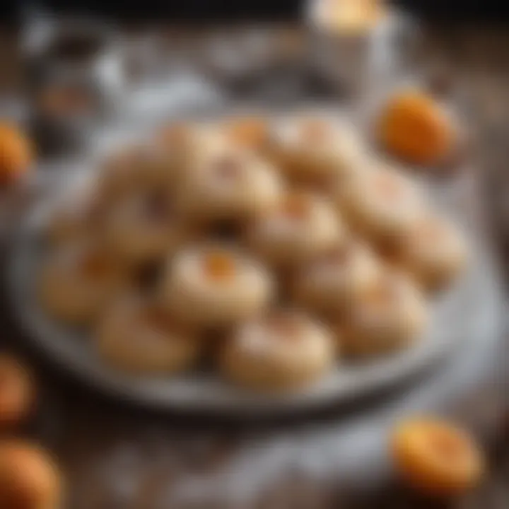 A freshly baked platter of apricot cookies, adorned with a light dusting of powdered sugar, invitingly placed on a rustic table.