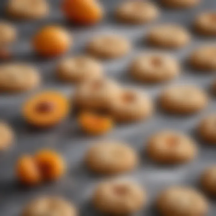 An artistic composition of apricot cookies with various ingredients like flour, sugar, and apricots around them.