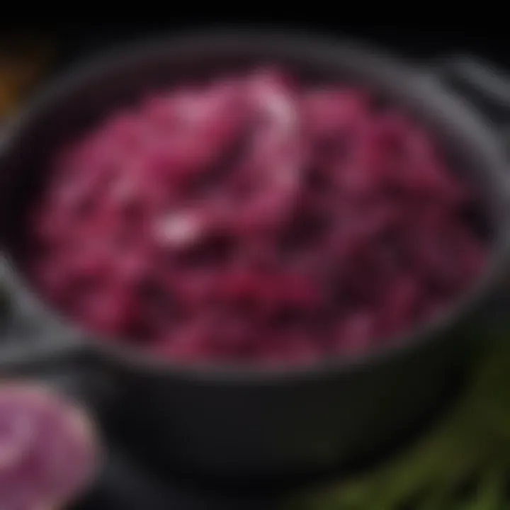 A pot of simmering red cabbage with aromatic herbs