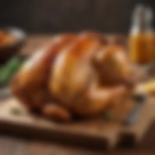 Juicy roast chicken resting on a wooden board