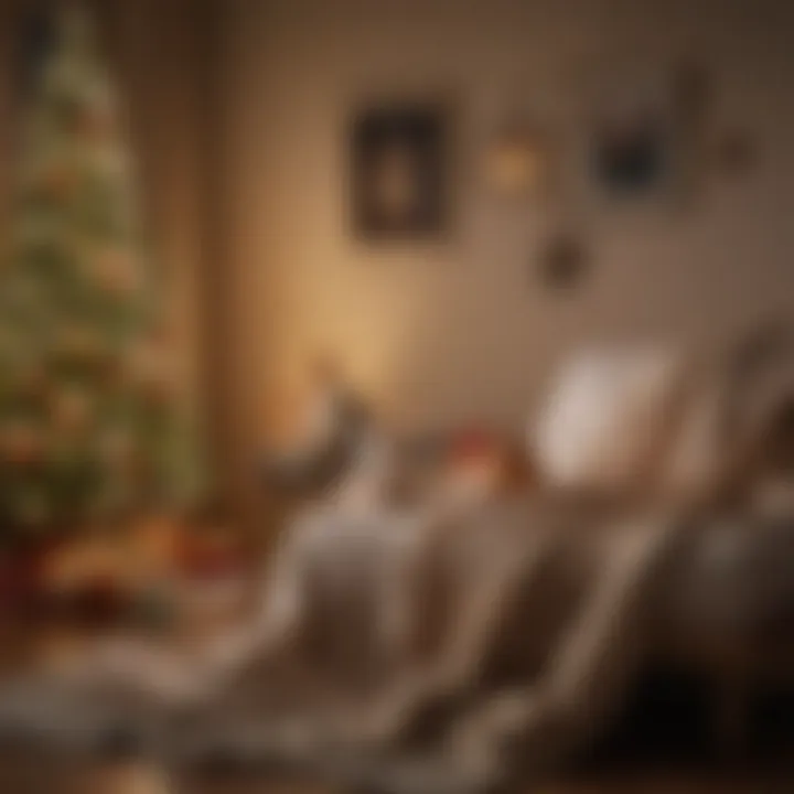 A cozy blanket and a good book set against a backdrop of twinkling holiday lights.