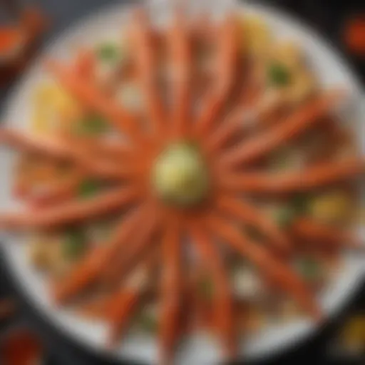 A beautifully arranged platter of crab leg clusters with garnishes