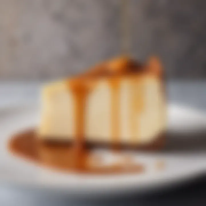 Slice of cheesecake served on a plate with a drizzle of caramel