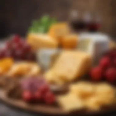 Colorful Cheese Display with Accompaniments A colorful display of various cheeses paired with unique accompaniments