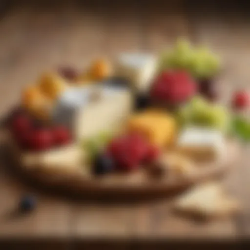 An elegant spread of assorted cheeses and fresh fruits on a wooden board