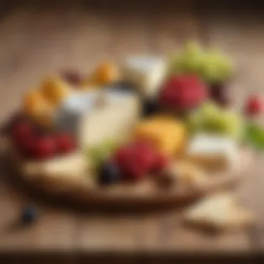 Elegant Spread of Cheeses and Fruits An elegant spread of assorted cheeses and fresh fruits on a wooden board