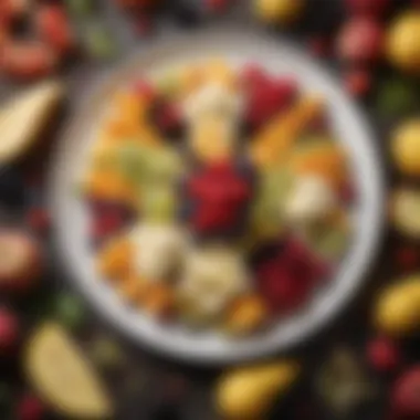 Artful Arrangement of Seasonal Fruits A close-up of vibrant seasonal fruits artfully arranged with cheese