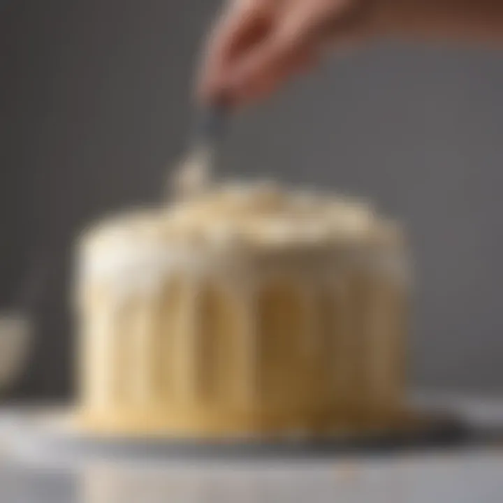 A close-up of a spatula spreading smooth buttercream frosting on a cake