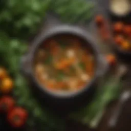 A rich pot of simmering stock filled with herbs and vegetables