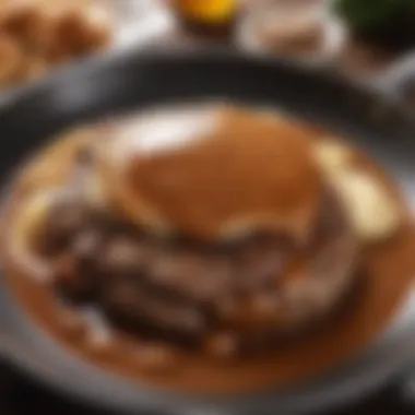 A delectable rich brown gravy ready for hamburger steak Rich brown gravy in a skillet