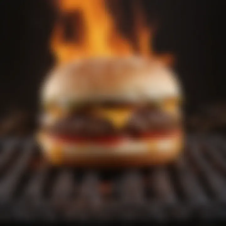 Sizzling hamburger patty on a grill with flames in the background