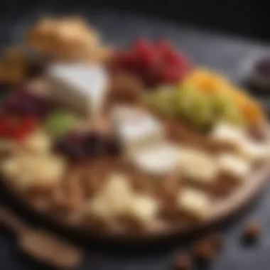 A beautifully arranged cheese board featuring a variety of cheeses, nuts, and fruits