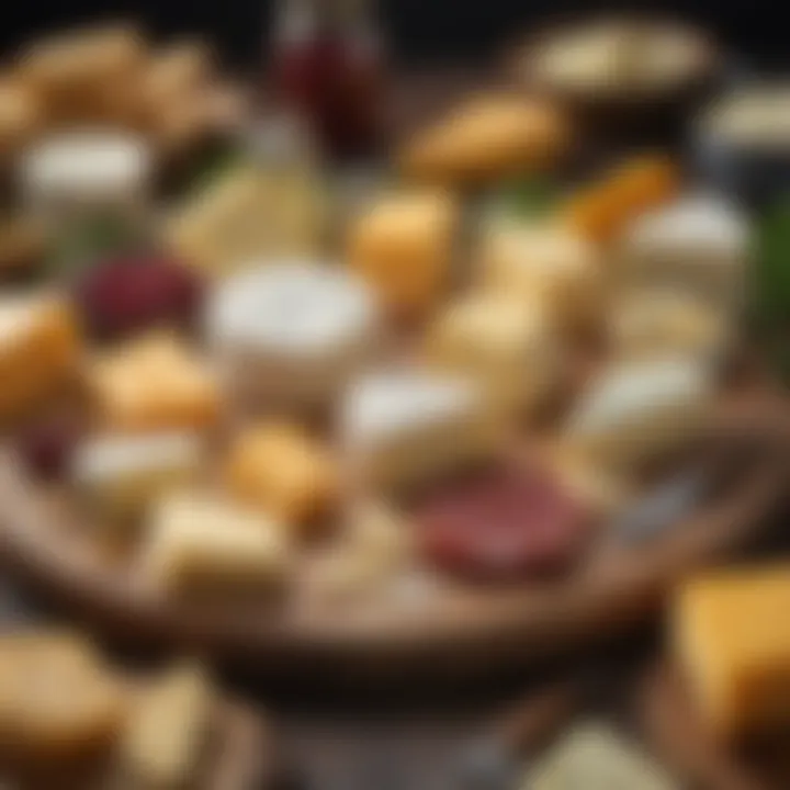 Close-up of diverse cheese varieties with labels and pairings