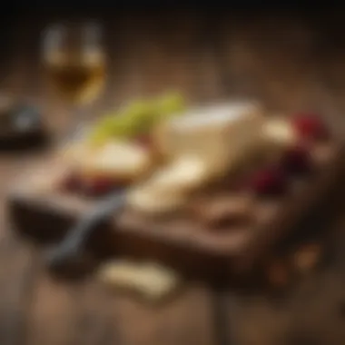 An elegant cheese board set against a rustic wooden backdrop