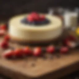 Close-up of fresh cheesecake ingredients arranged on a wooden table