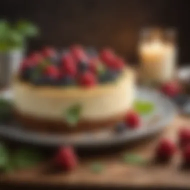 Elegant Cheesecake Presentation Beautifully decorated cheesecake topped with berries and mint leaves