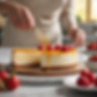 Slicing the Perfect Cheesecake Slicing a creamy cheesecake on a marble countertop