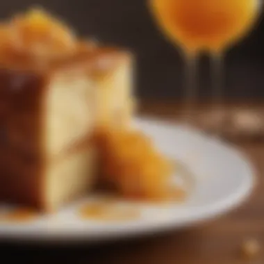 A close-up of a slice of Czech honey cake with honey drizzle