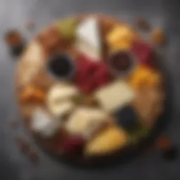 A beautifully arranged cheeseboard featuring an assortment of cheeses, fruits, and nuts.