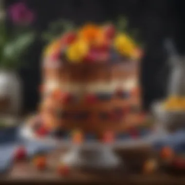 Gorgeous Vegan Cake A beautifully baked vegan cake adorned with fresh fruit and edible flowers.