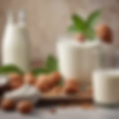 A close-up of plant-based alternatives like almond milk and coconut oil.