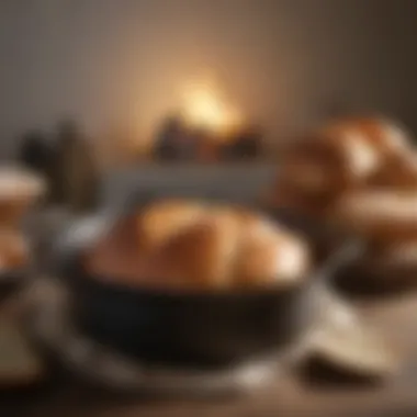 A close-up of a Dutch oven filled with freshly baked bread.