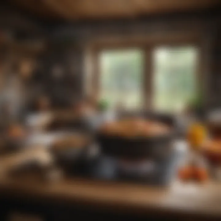 A rustic kitchen scene showcasing a Dutch oven on a wooden table.