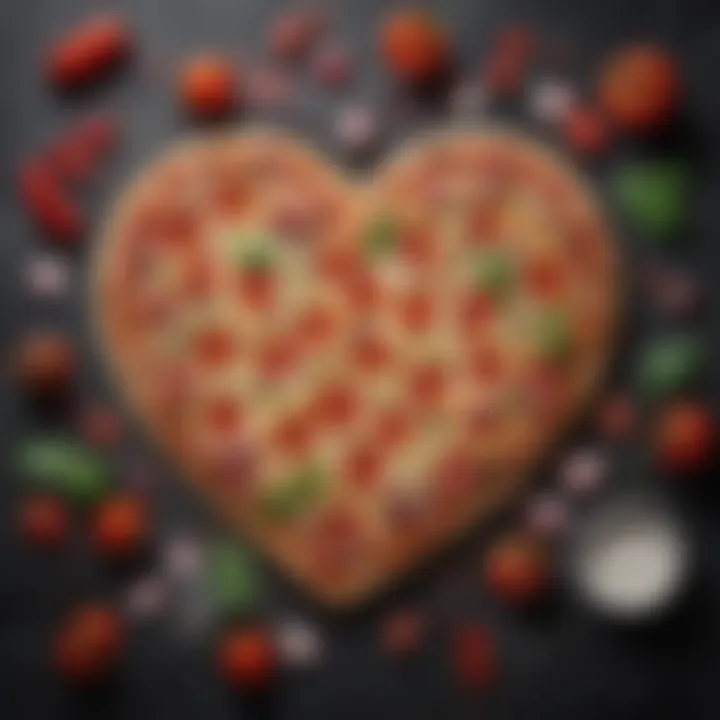 A heart-shaped pizza pan with fresh ingredients surrounding it