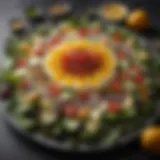 A vibrant salad featuring an array of fresh ingredients, showcasing creativity in presentation.