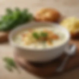 A bowl of creamy hashbrown potato soup garnished with fresh herbs