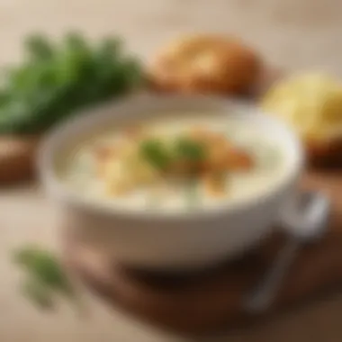 A bowl of creamy hashbrown potato soup garnished with fresh herbs