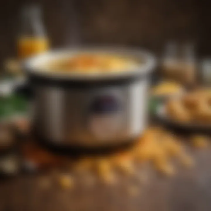 Crock pot filled with bubbling hashbrown potato soup ready to serve