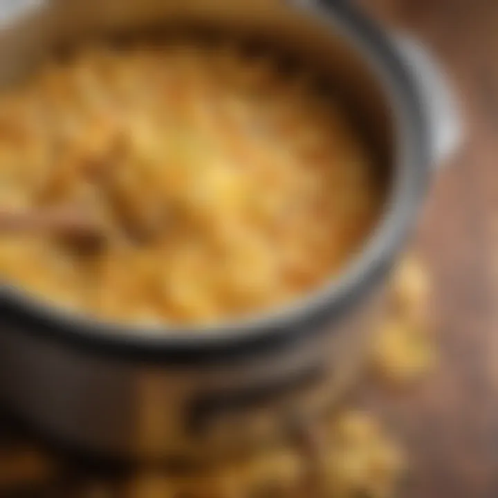 A rustic crockpot filled with cheesy hashbrowns bubbling with flavor