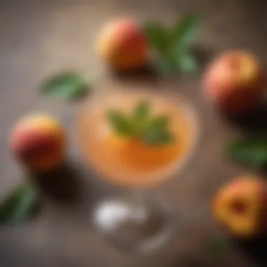 Artistic Crown Royal Peach Bellini Garnish An artistic overhead shot of a Crown Royal Peach Bellini cocktail garnished with mint leaves.