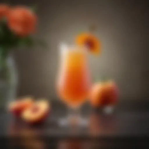 Elegant presentation of Crown Royal Peach Bellini in a vintage glass with peach slices.