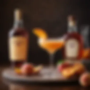 Ingredients of the Crown Royal Peach Bellini A vibrant display of ingredients for the Crown Royal Peach Bellini, including whiskey, sparkling wine, and fresh peaches.