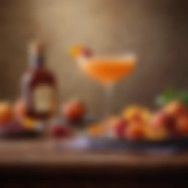 A sophisticated setting with a Crown Royal Peach Bellini served alongside a platter of seasonal fruits.
