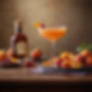 Sophisticated Crown Royal Peach Bellini Setting A sophisticated setting with a Crown Royal Peach Bellini served alongside a platter of seasonal fruits.
