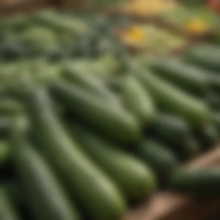 A variety of cucumbers on display at a market