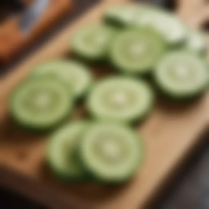 Vibrant cucumber slices arranged on a wooden board