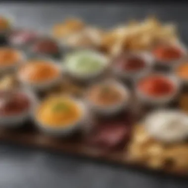 A visually appealing display of dips and sauces alongside snacks