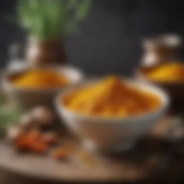 Turmeric Powder Delight A visually appealing bowl filled with turmeric powder surrounded by herbs