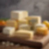 A variety of dairy-free cheese options displayed on a wooden board.