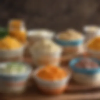 An assortment of dairy-free cheese spreads in colorful containers.