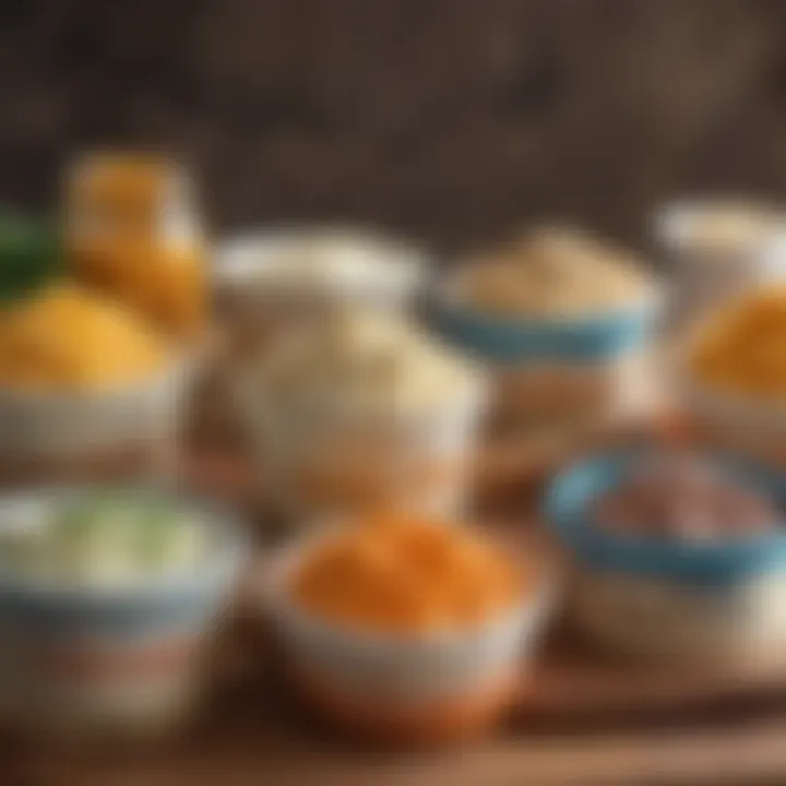 An assortment of dairy-free cheese spreads in colorful containers.