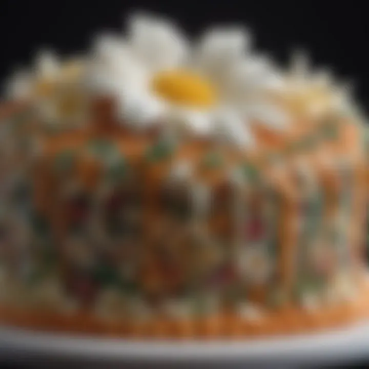 A close-up view of a beautifully decorated cake, highlighting intricate design techniques.