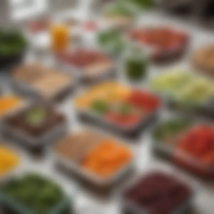 A well-organized meal prep setup featuring various DASH diet ingredients in labeled containers.