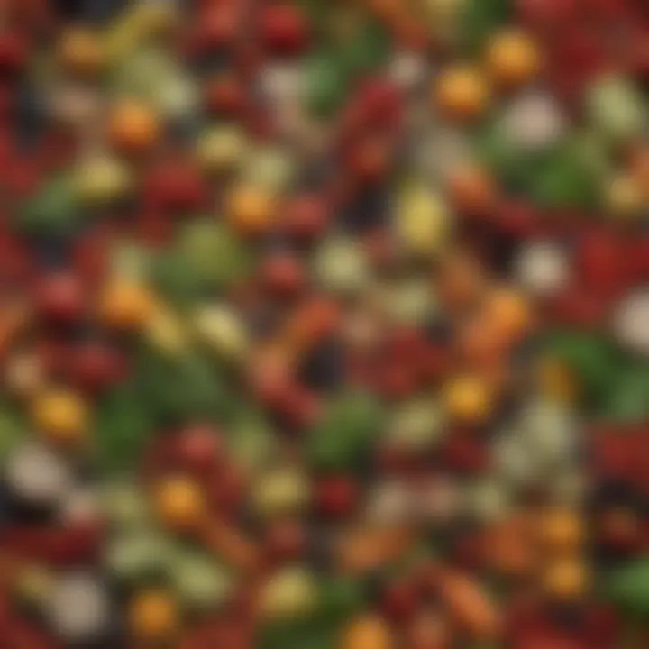 An arrangement of fruits and vegetables that are staples in the DASH diet, highlighting their nutritional value.